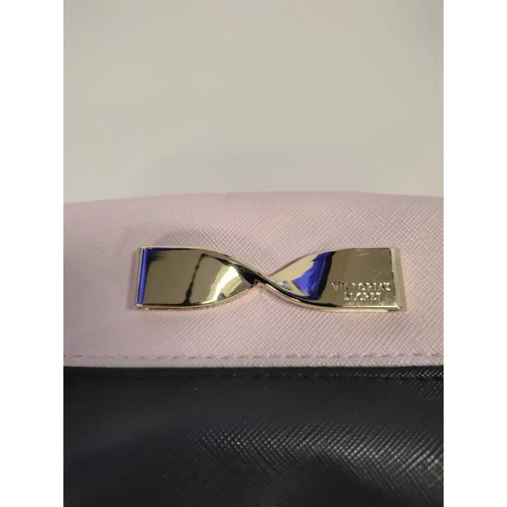 Victoria's Secret Cosmetic Pink/Black Gold Logo Metal Bow Zip Travel Bag
